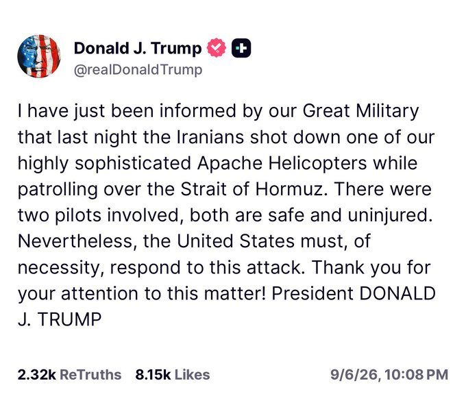 US Attack on Iran After Apache Helicopter Down Near Hormuz Strait