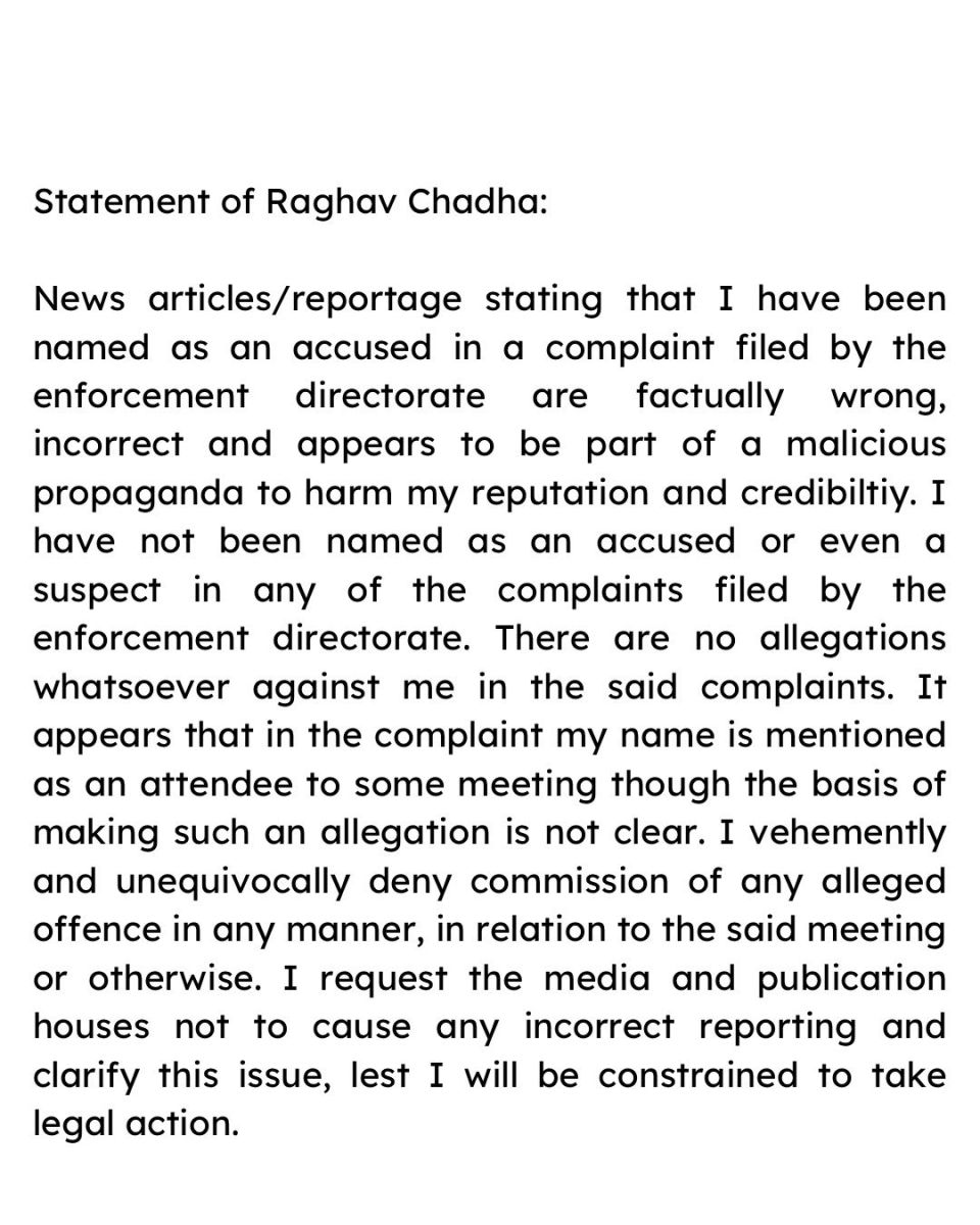  Raghav Chadha Statements on ED Chargesheet