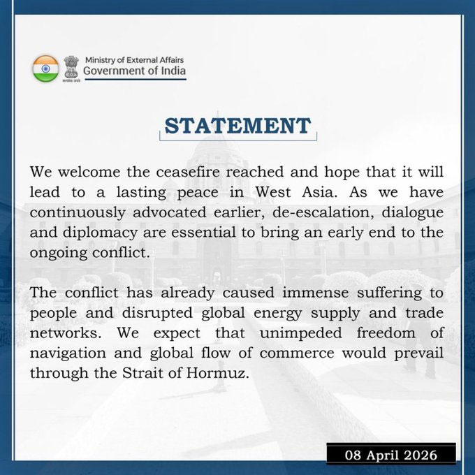 India First Statement Over Iran-US Ceasefire Breaking News
