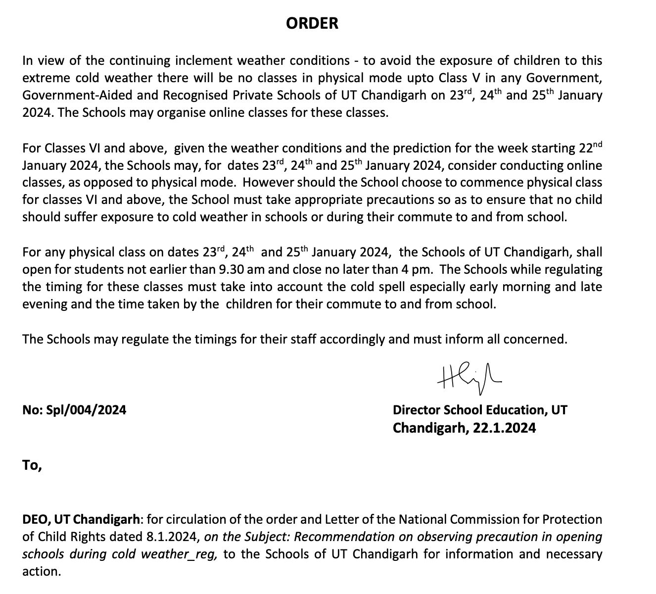 Chandigarh Administration Closed Schools Due To Cold Weather Order