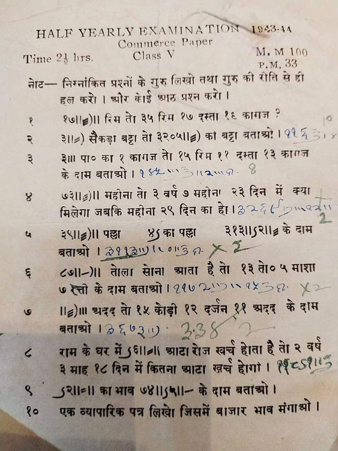 Retired IAS Shared Year 1943 5th Claas Question Paper