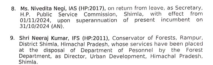 IAS Officers Transfer in Himachal Pradesh