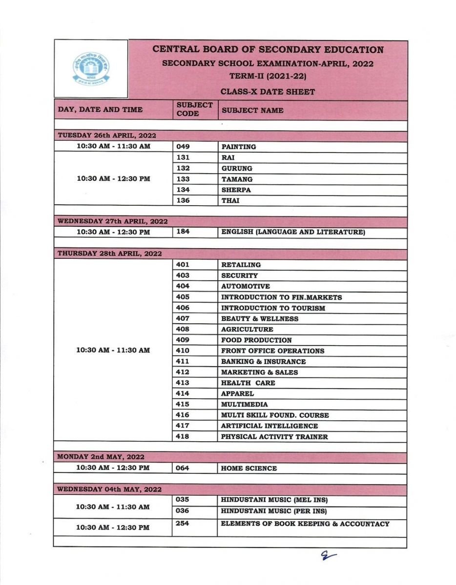 CBSE 10th and 12th Term-II Exams Schedule