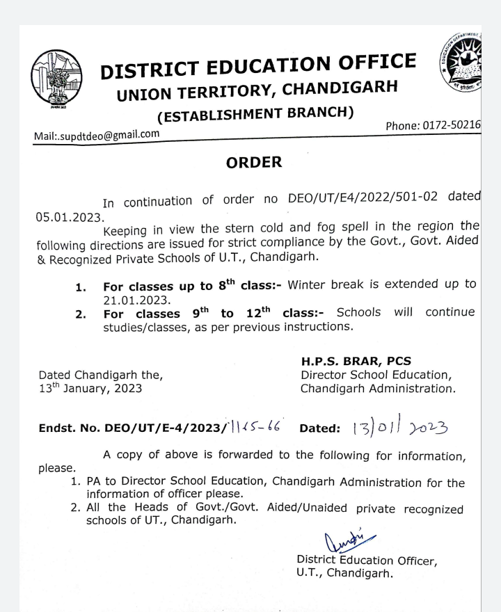 Chandigarh Schools Winter Holidays 2023 Extended