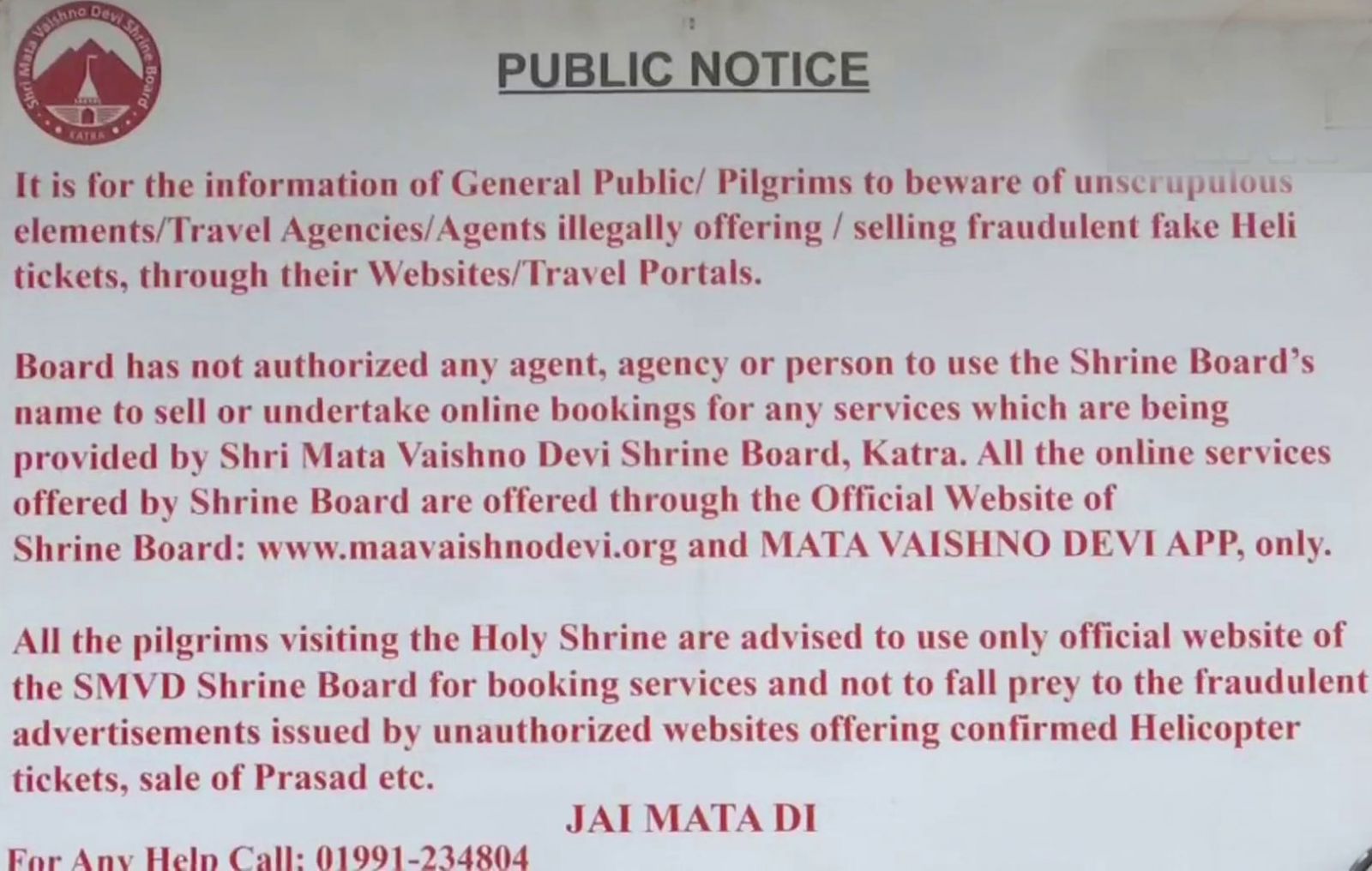 Warning for Mata Vaishno Devi Devotees 