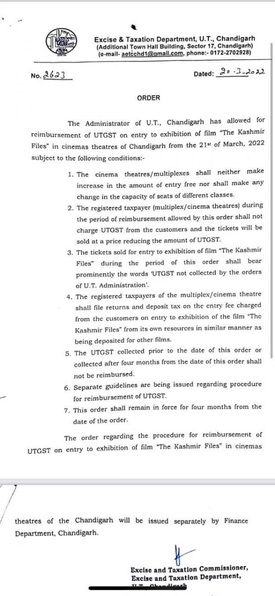 Chandigarh Administration issued this order on The Kashmir Files