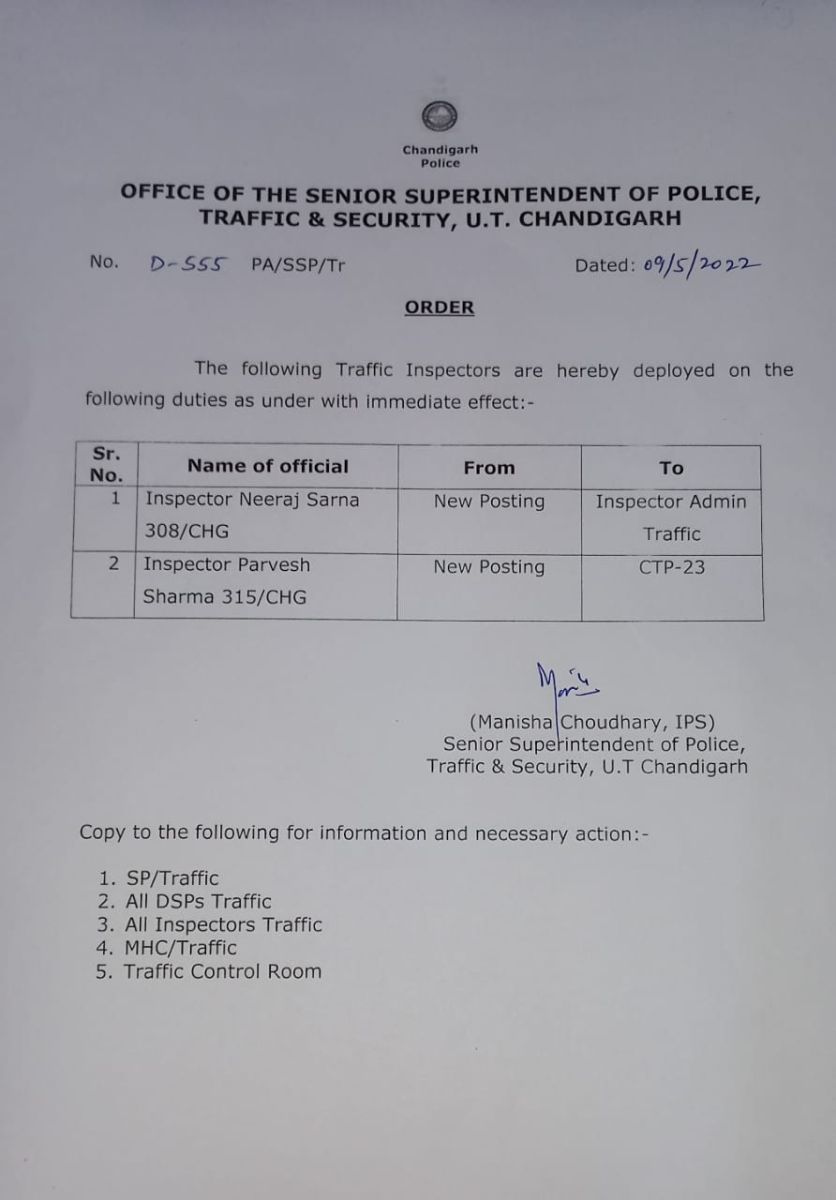 Posting of Inspectors in Chandigarh Traffic Police