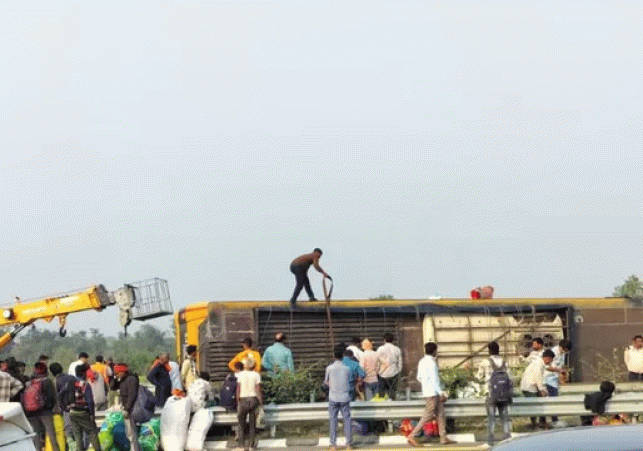 Double-decker bus overturns on Purvanchal