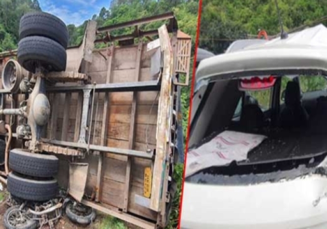 A truck full of rice overturned on Nahan-Kumarhatti NH, two cars parked on the roadside and a motorcycle also got hit.