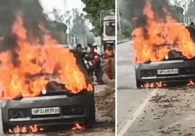 Car Engulfed in Flames on Lakhimpur-Sitapur Highway
