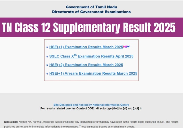 तमिलनाडु माध्यमिक शिक्षा निदेशालय (DGE TN) ने 31 जुलाई 2025 को दोपहर 2:30 बजे तमिलनाडु SSLC (कक्षा 10वीं) पूरक परीक्षा का परिणाम घोषित कर दिया है।
