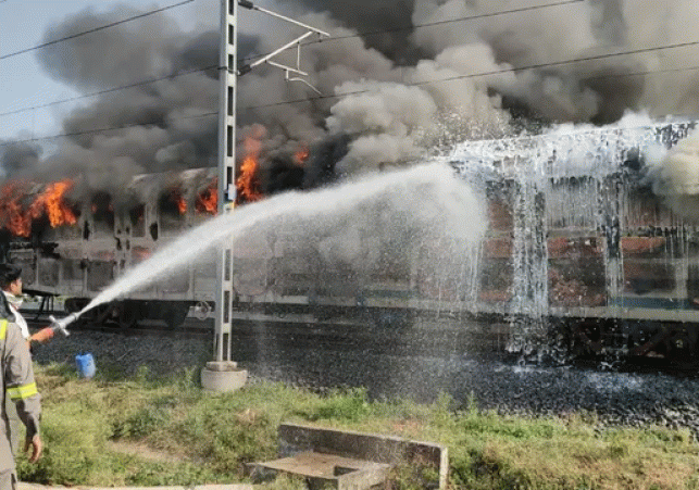 Massive fire breaks out on a freight train