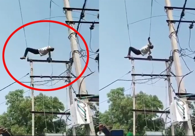 UP Maharajganj Drunk Man Lying on 11KV Line Viral Video