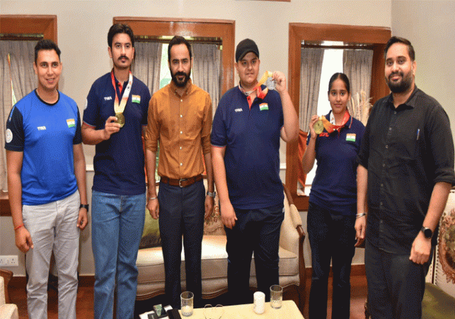 Sports Minister Meet Hayer meets cricketer Harleen Deol and junior World Cup medalist shooters