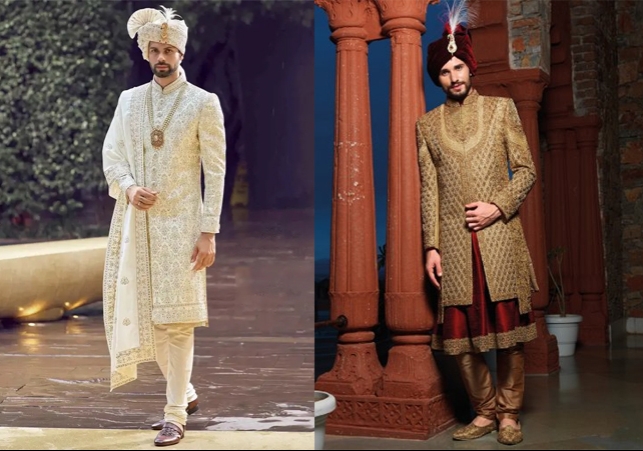 Beige Colour Aari Work Kurti With Multi Colour Aari Work Sherwani