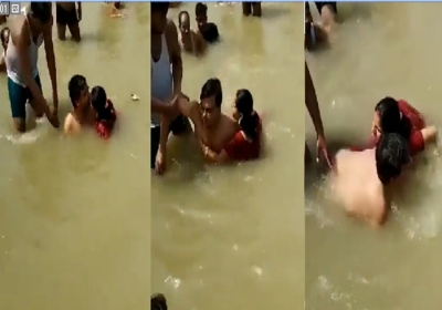 Husband Wife in Sarayu River Ayodhya Video Viral 
