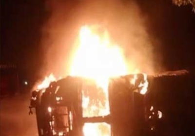 Truck loaded with cement burnt to ashes near Kothipura on Chandigarh Manali National Highway