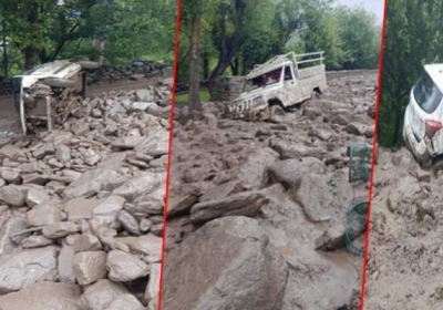 Heavy devastation due to cloudburst in Kamru Nala of Sangla tehsil, vehicles washed away.